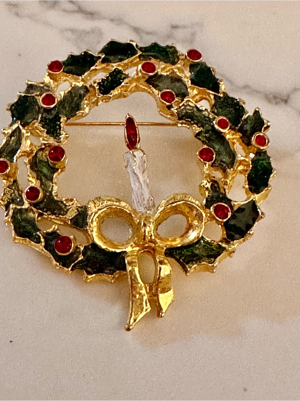 Gold-Tone Holiday Wreath Brooch with Green Enamel and Red Stones
